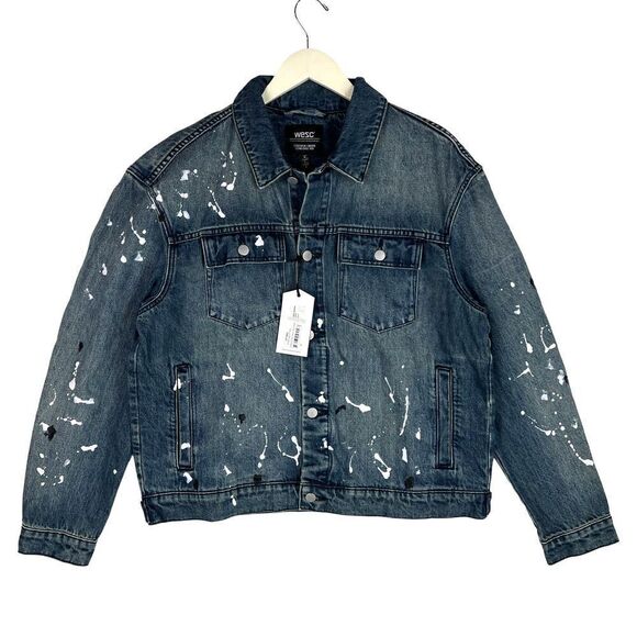 Men WeSC Classic Casual Jacket White Paint Splatter Blue Denim MSRP $220 - Picture 1 of 15